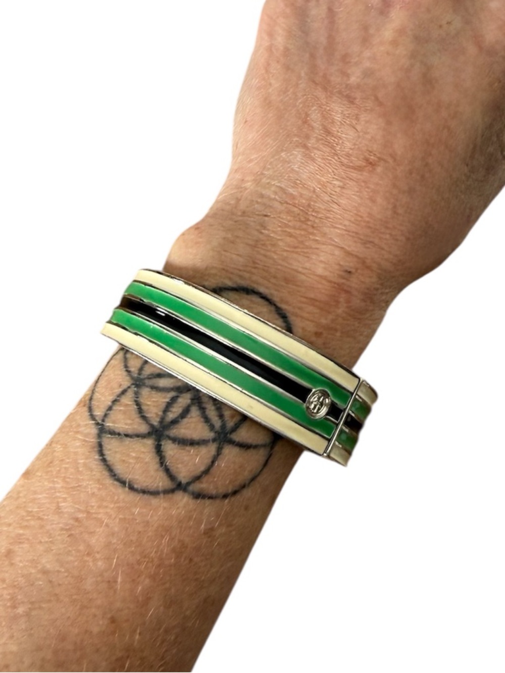 GRAZIANO Vintage Hinge Bangle Bracelet Green Cream Black Enamel Art Deco Mod